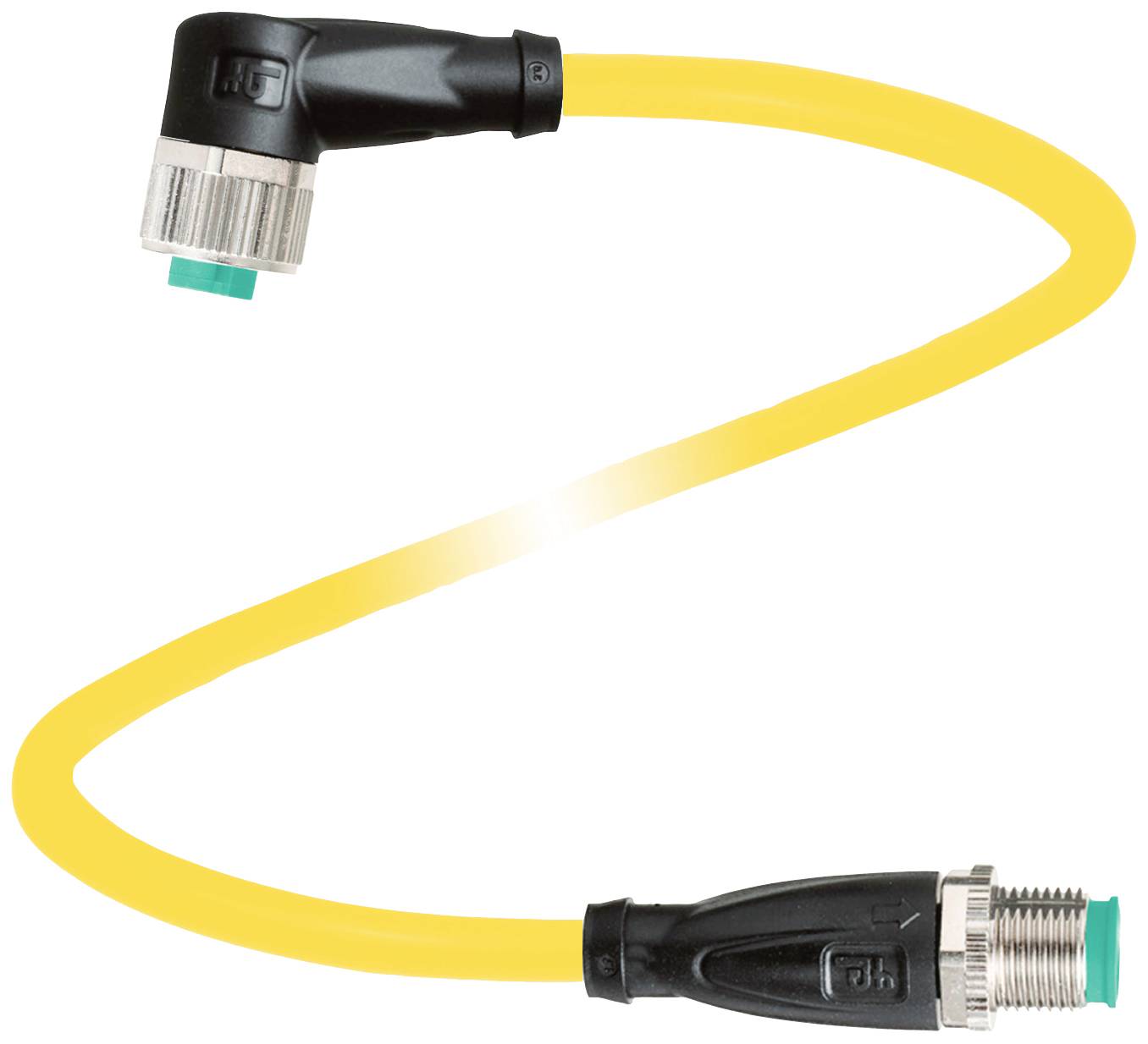 Gelbes Verbindungskabel mit abgewinkeltem und geradem Stecker. Verwendet für industrielle Anwendungen.