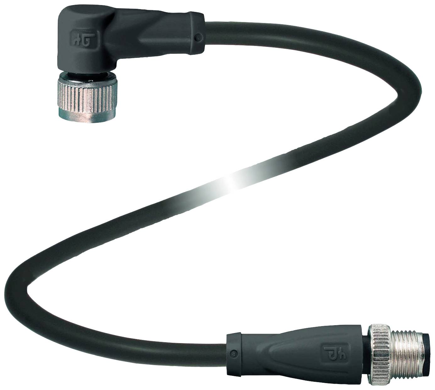 Ein schwarzes Kabel mit einem rechtwinkligen Stecker an einem Ende und einem geraden Stecker am anderen Ende, beide mit Metallgewinde.