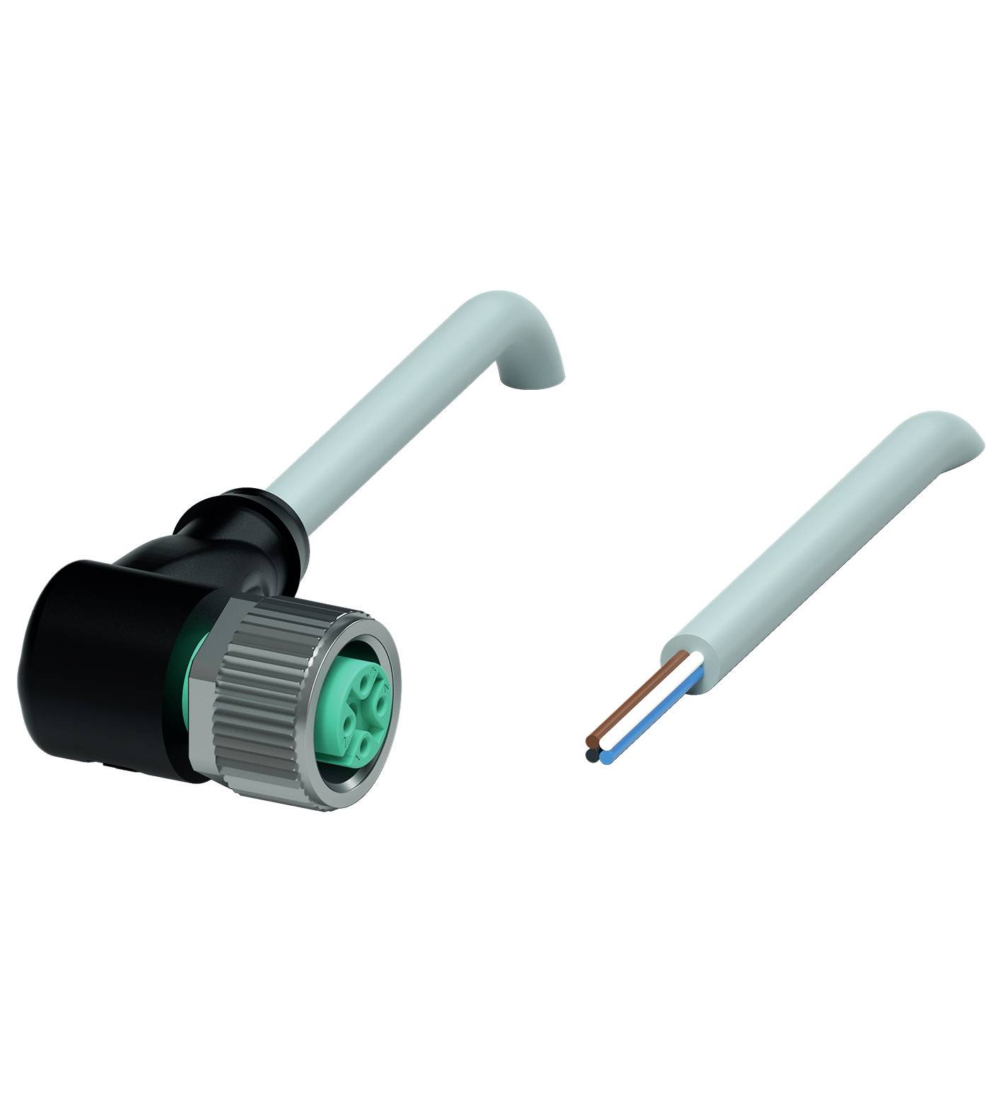 Zwei elektrische Anschlussstücke: links, ein Winkelstecker mit grünem Innenkern; rechts, ein Kabel mit zwei Adernenden.