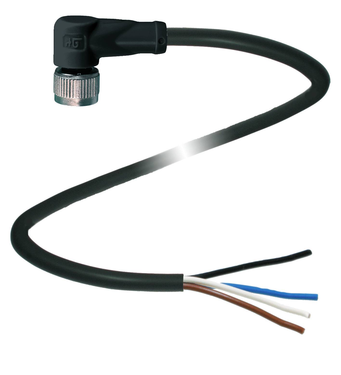 Schwarzes elektrisches Kabel mit gewinkeltem Stecker; vier freiliegende Drähte: schwarz, braun, blau und weiß; industrieller Gebrauch