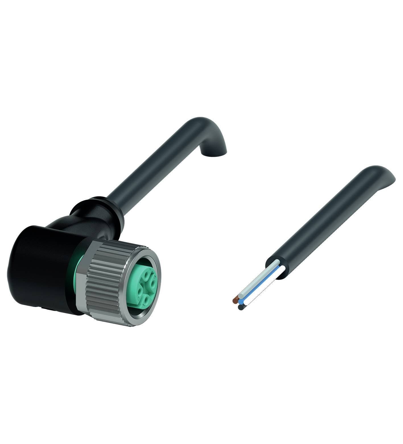 Ein abgewinkelter Steckverbinder und separates Kabel mit drei Adern, geeignet für elektrische Installationen.