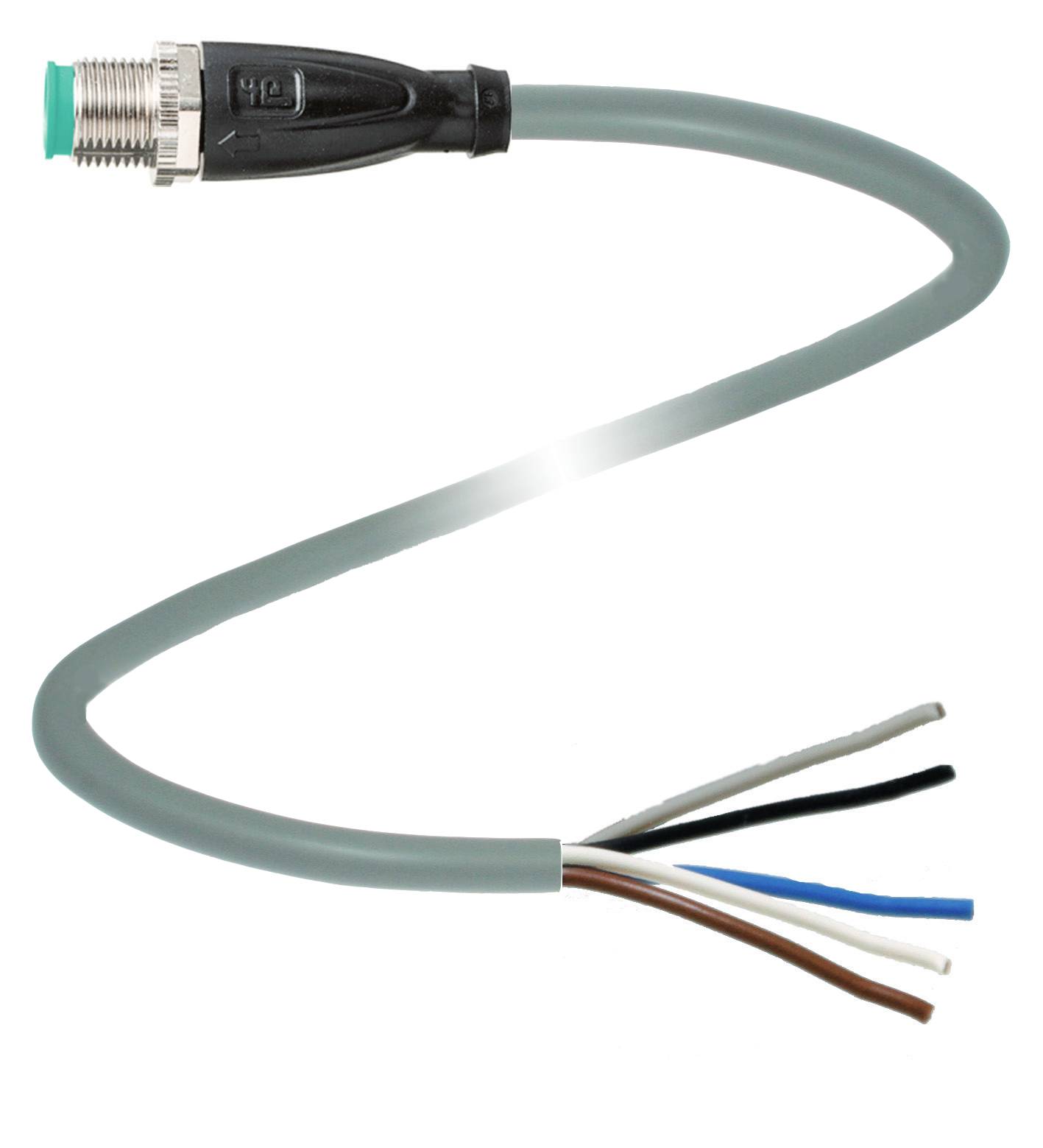 Graues Kabel mit einem grünen Steckerende und offenen, farbcodierten Drähten: Schwarz, Weiß, Blau und Braun.