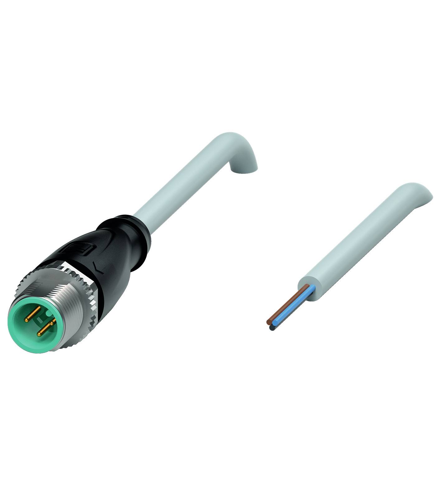 Ein abgewinkelter Stecker und ein abisoliertes Kabel liegen nebeneinander. Der Stecker zeigt drei Kontaktpins, das Kabel hat zwei Drähte.