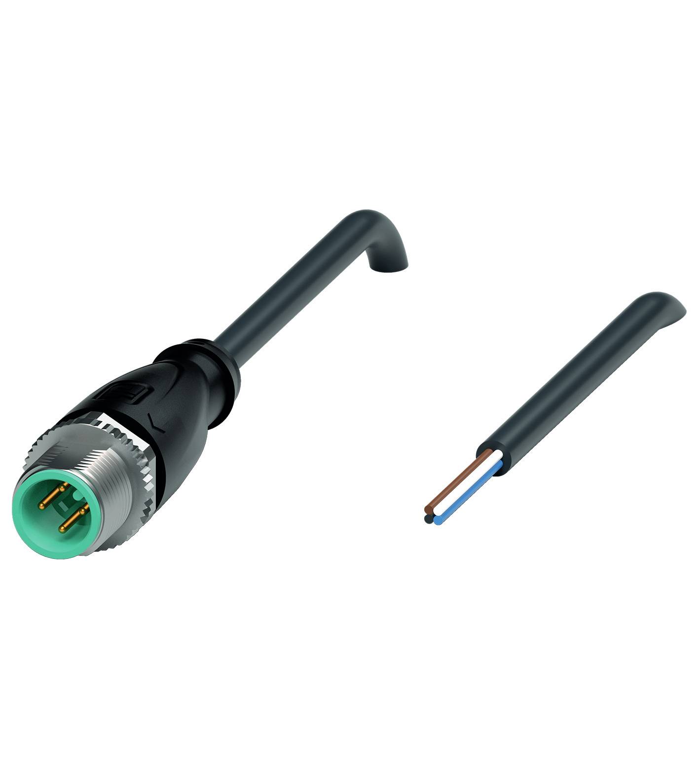 Ein schwarzer Kabelstecker mit mehreren Stiften neben einem abgeschnittenen Kabel. Das Kabel zeigt zwei freiliegende Kupferdrähte.