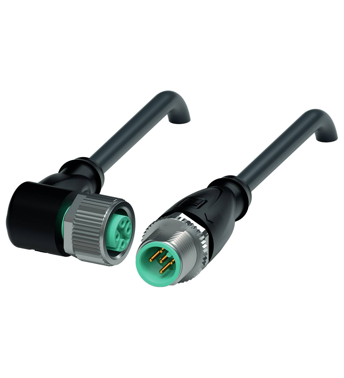 Steckerpaar mit schwarzem Kabel: links Buchse mit drei Löchern, rechts Stecker mit drei Stiften, auf weißem Hintergrund.