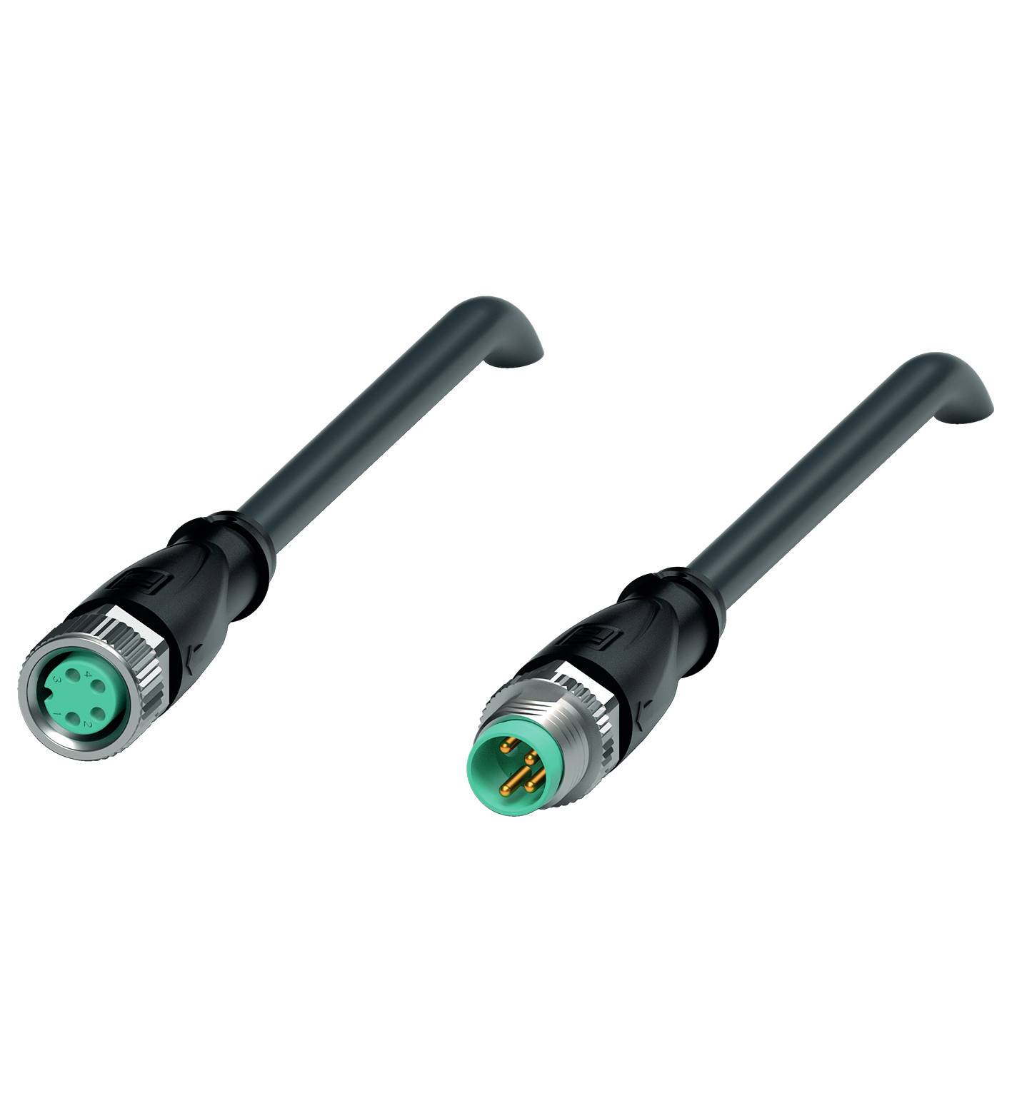 Zwei schwarze Steckerkabel mit grünen Enden; links eine weibliche Buchse, rechts ein männlicher Stecker. Ideal für industrielle Anwendungen.