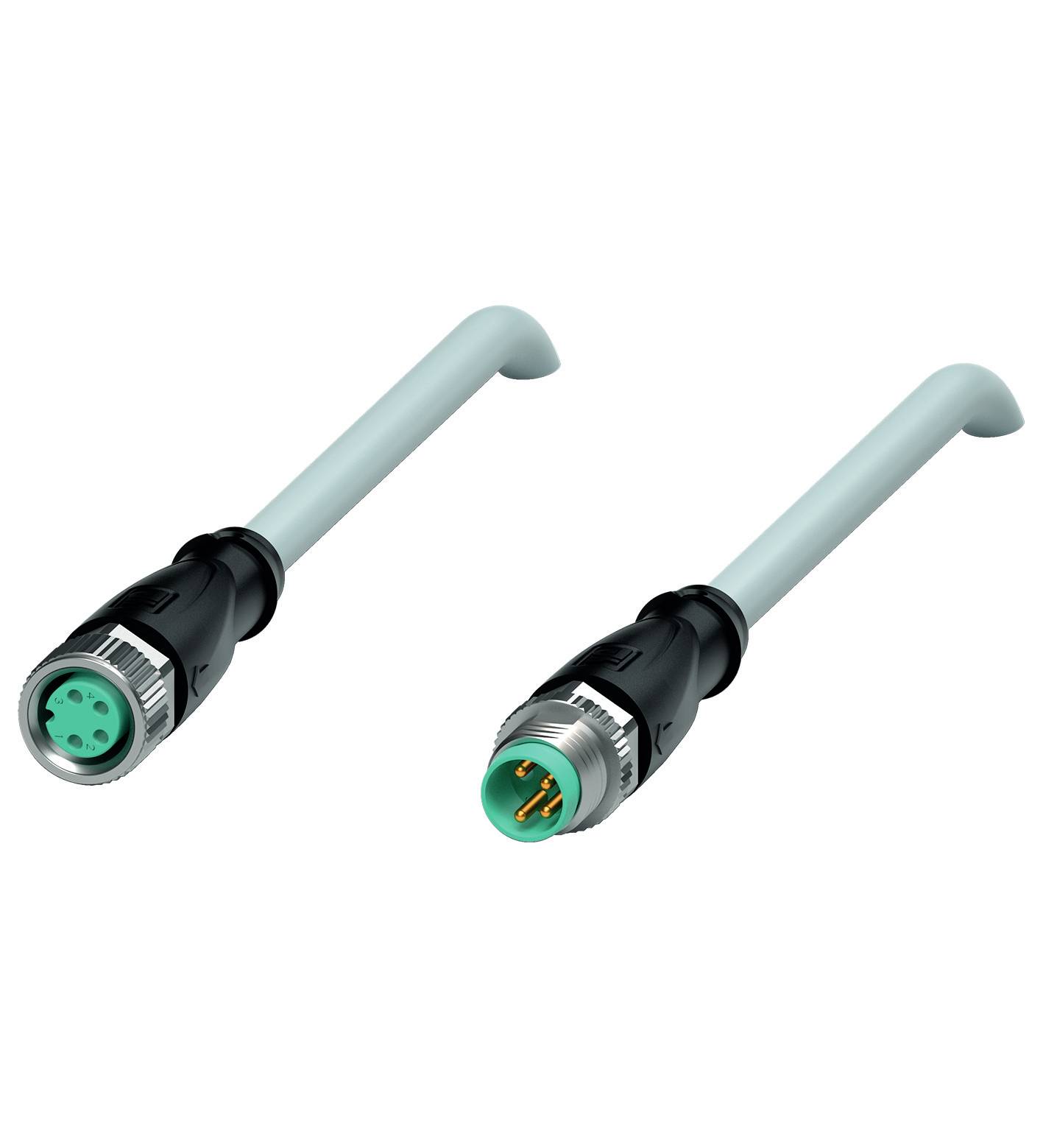 Zwei industrielle Steckverbinder mit Kunststoff- und Metallkomponenten, einer mit Buchse, der andere mit Stift, verbunden durch Kabel.