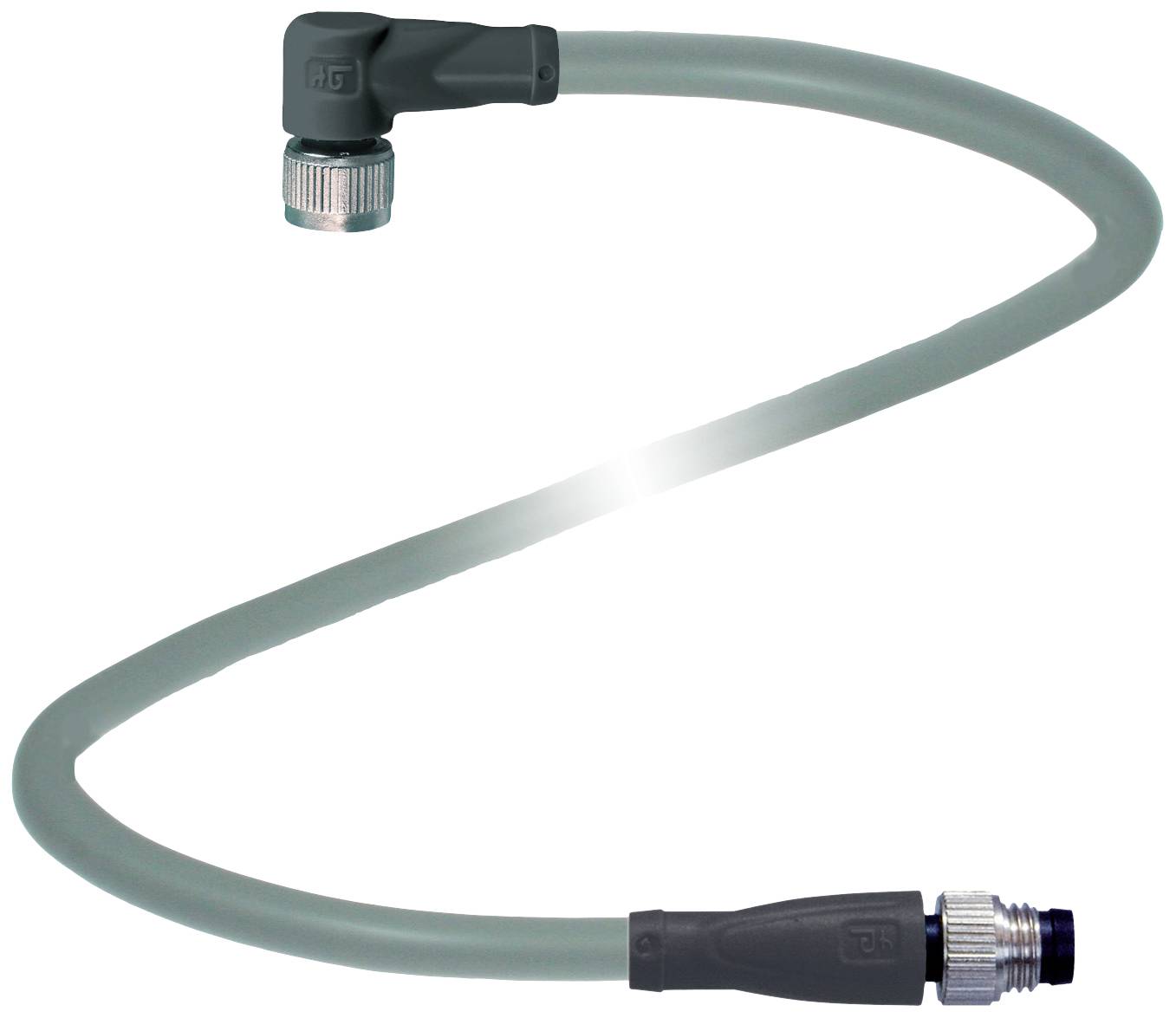 Grau-schwarzer Flexschlauch mit einem gewinkelten Steckanschluss auf der einen und einem geraden Anschluss auf der anderen Seite.