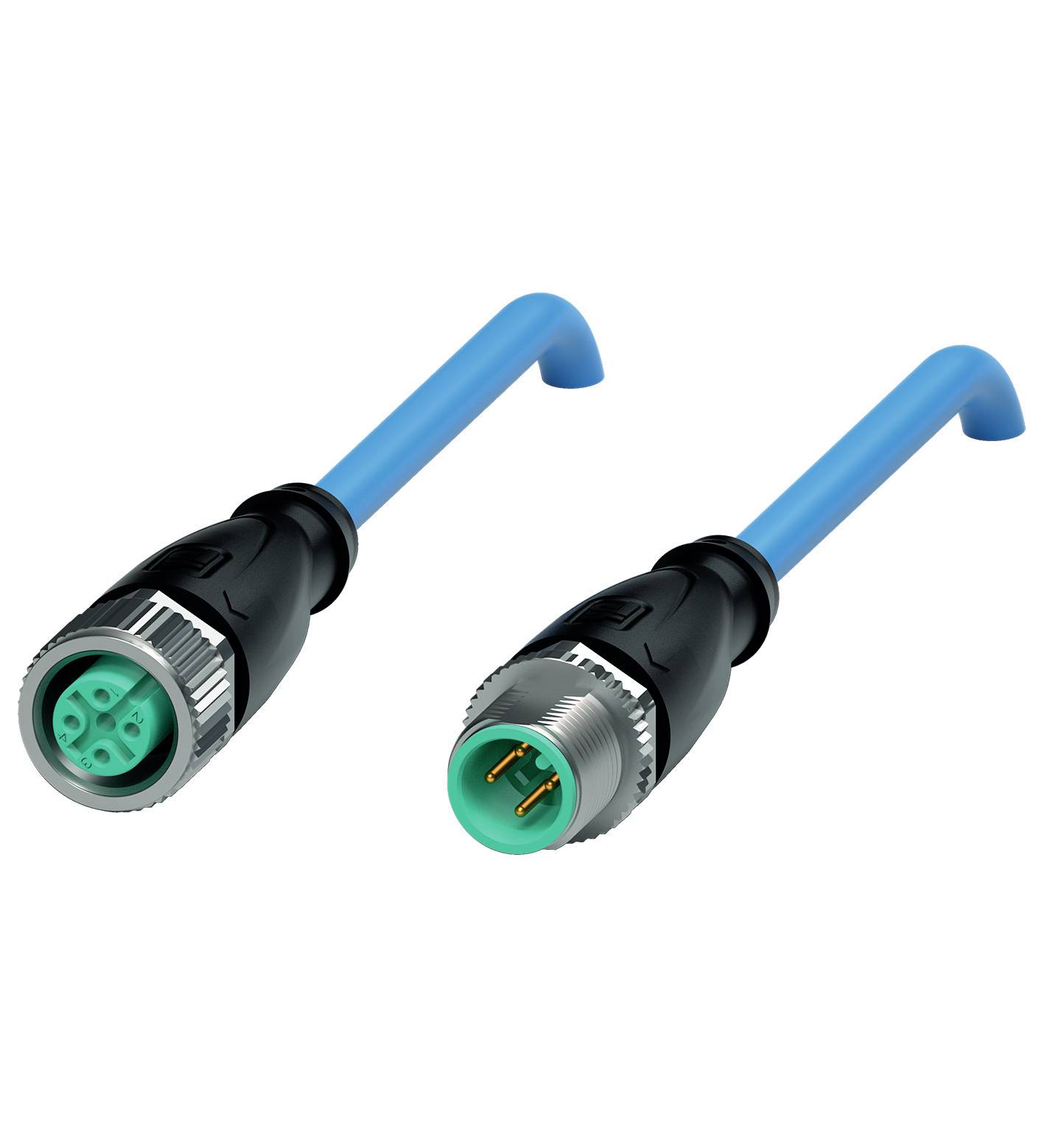 Zwei blaue Ethernet-Kabel mit schwarzen und grünen Steckverbindern, einer mit vier Pins und der andere mit drei Pins, auf weißem Hintergrund.