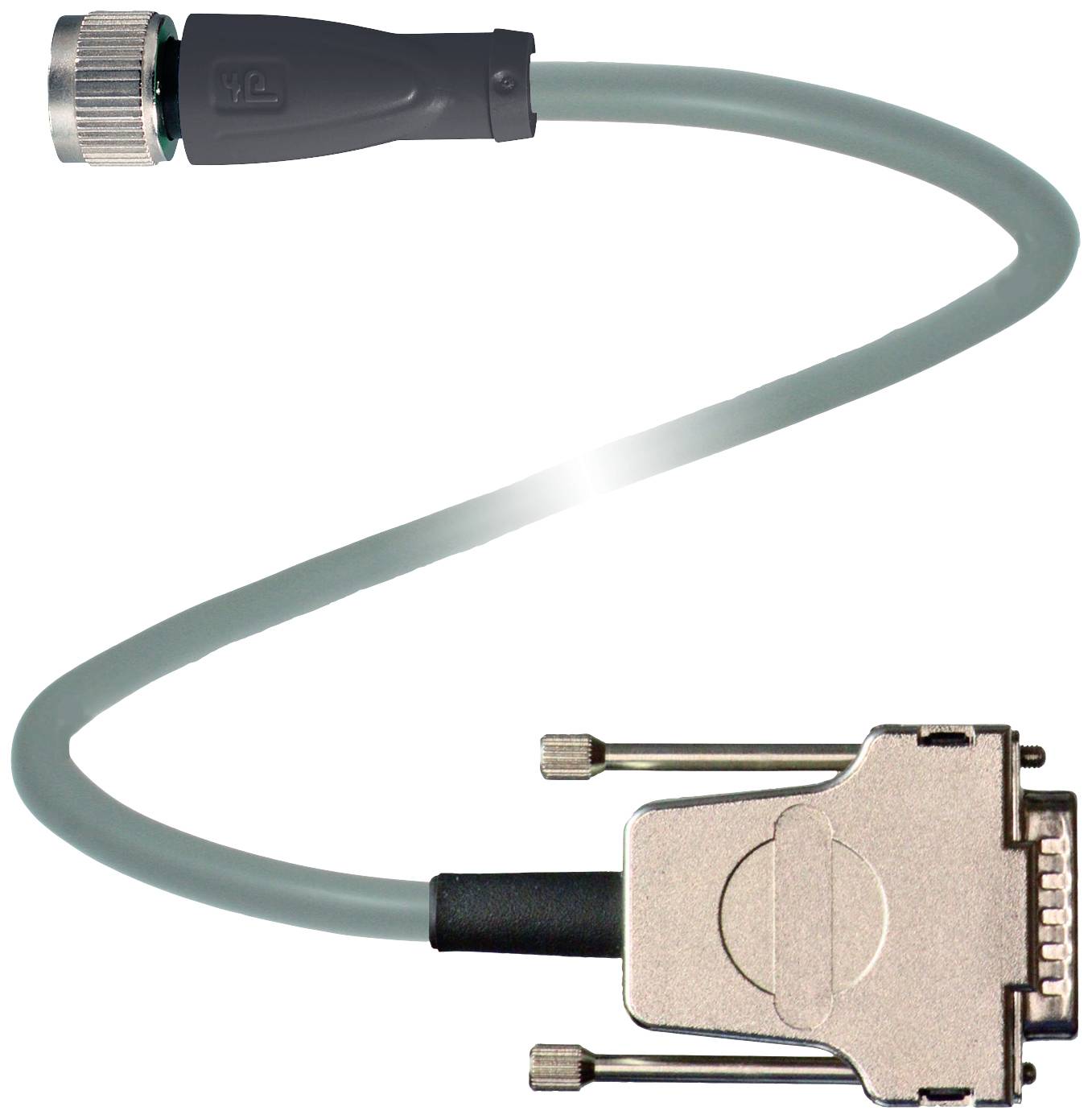 Ein graues Datenkabel mit einem Anschlusstecker auf beiden Seiten: links ein runder Stecker, rechts ein rechteckiger Stecker mit Schraubenbefestigung.