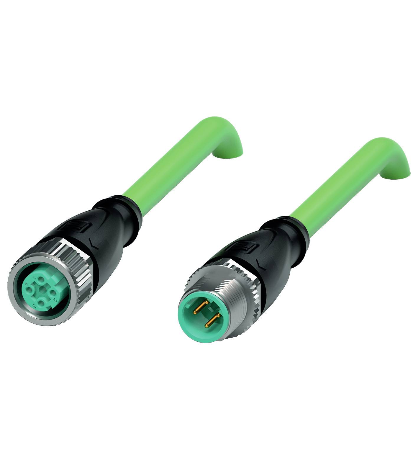 Zwei grüne Steckverbinderkabel mit schwarzen Abdeckungen und Metallringen. Eines hat vier Löcher, das andere drei Stifte.