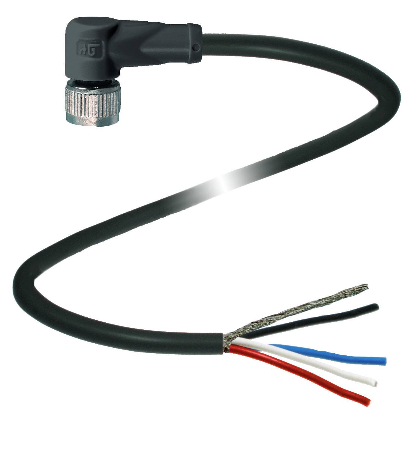 Ein schwarzes Kabel mit gewinkeltem Stecker und offenen Enddrähten in Rot, Blau, Weiß und Schwarz.