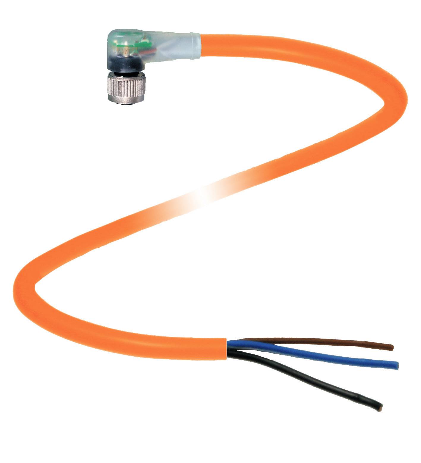 Ein orangefarbenes Elektrokabel mit abgewinkeltem Anschlussstecker. Zwei freiliegende Kabelenden: ein blaues, ein schwarzes und ein braunes.