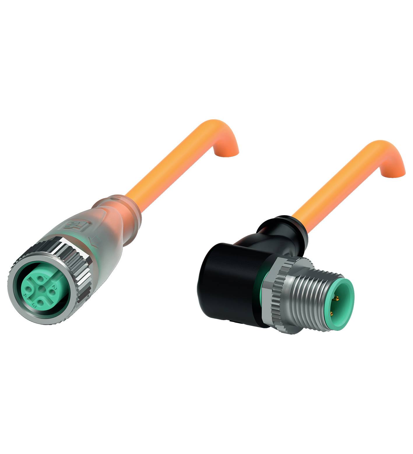 Zwei Kabel mit Steckern an jedem Ende. Links ein gerader Stecker mit Metallhülle, rechts ein abgewinkelter Stecker. Beide haben orangefarbene Kabel.