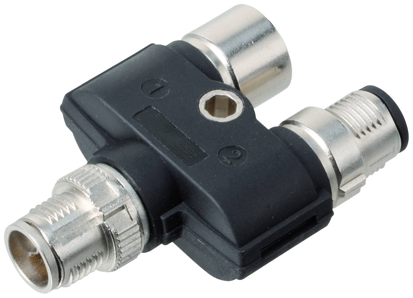 Ein schwarzer, T-förmiger Koaxialadapter mit drei Steckanschlüssen, geeignet zum Verbinden von Koaxialkabeln in einem Netzwerksystem.