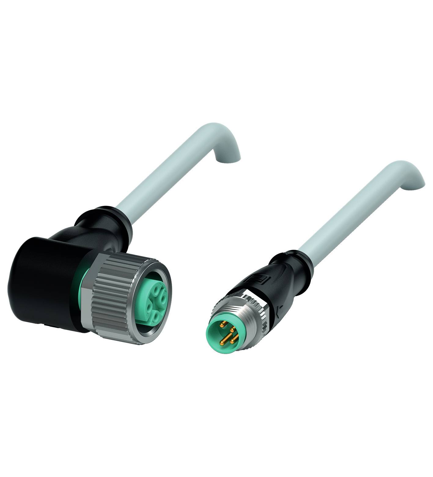 Zwei Steckverbinder: Links ein rechter Winkelstecker mit grauem und grünem Anschluss; rechts ein gerader Stecker mit silbernem Gehäuse.