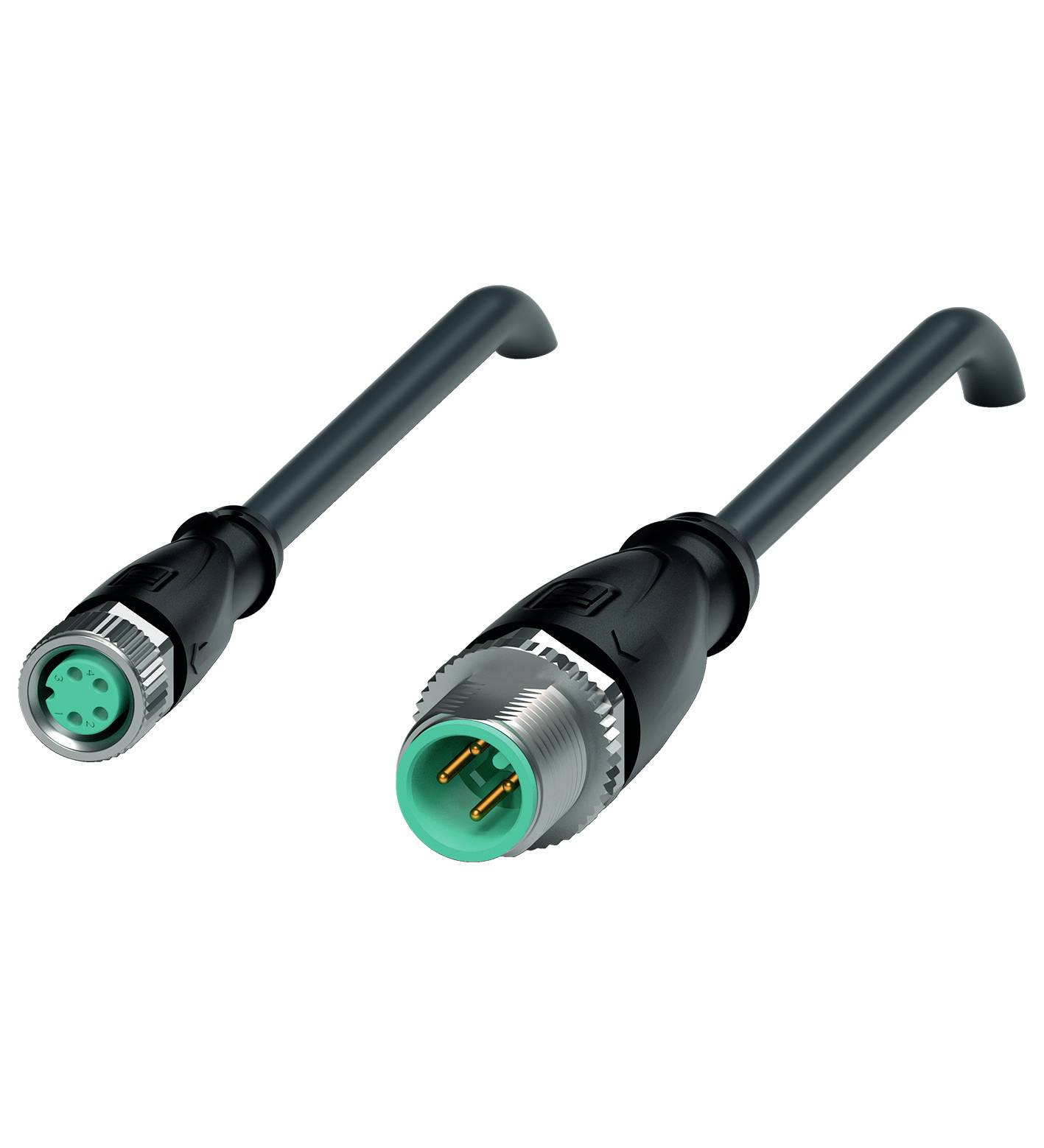 Zwei schwarze Steckverbinder mit grünen Pins, einer mit Buchse, der andere mit Stecker, liegen nebeneinander auf weißem Hintergrund.