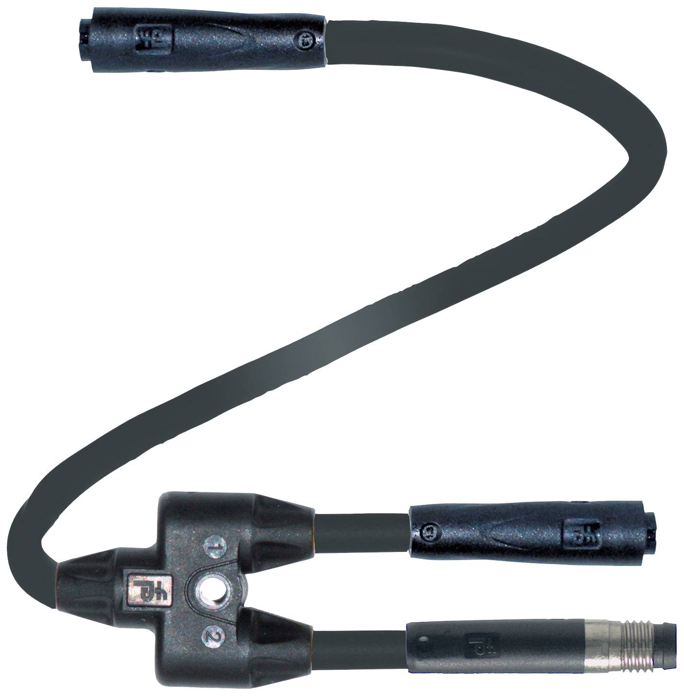 'Schwarzes SPLITTERKABEL Y-TWINMONO EINSTECKER 5M', zeigt ein Y-förmiges Audio-Splitterkabel mit Ein- und Ausgängen.