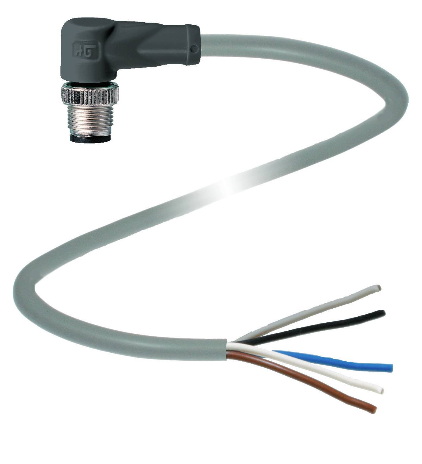 Graues, geschwungenes Kabel mit schwarzem Stecker auf der einen Seite und sechs farbigen, offenen Drähten auf der anderen Seite.