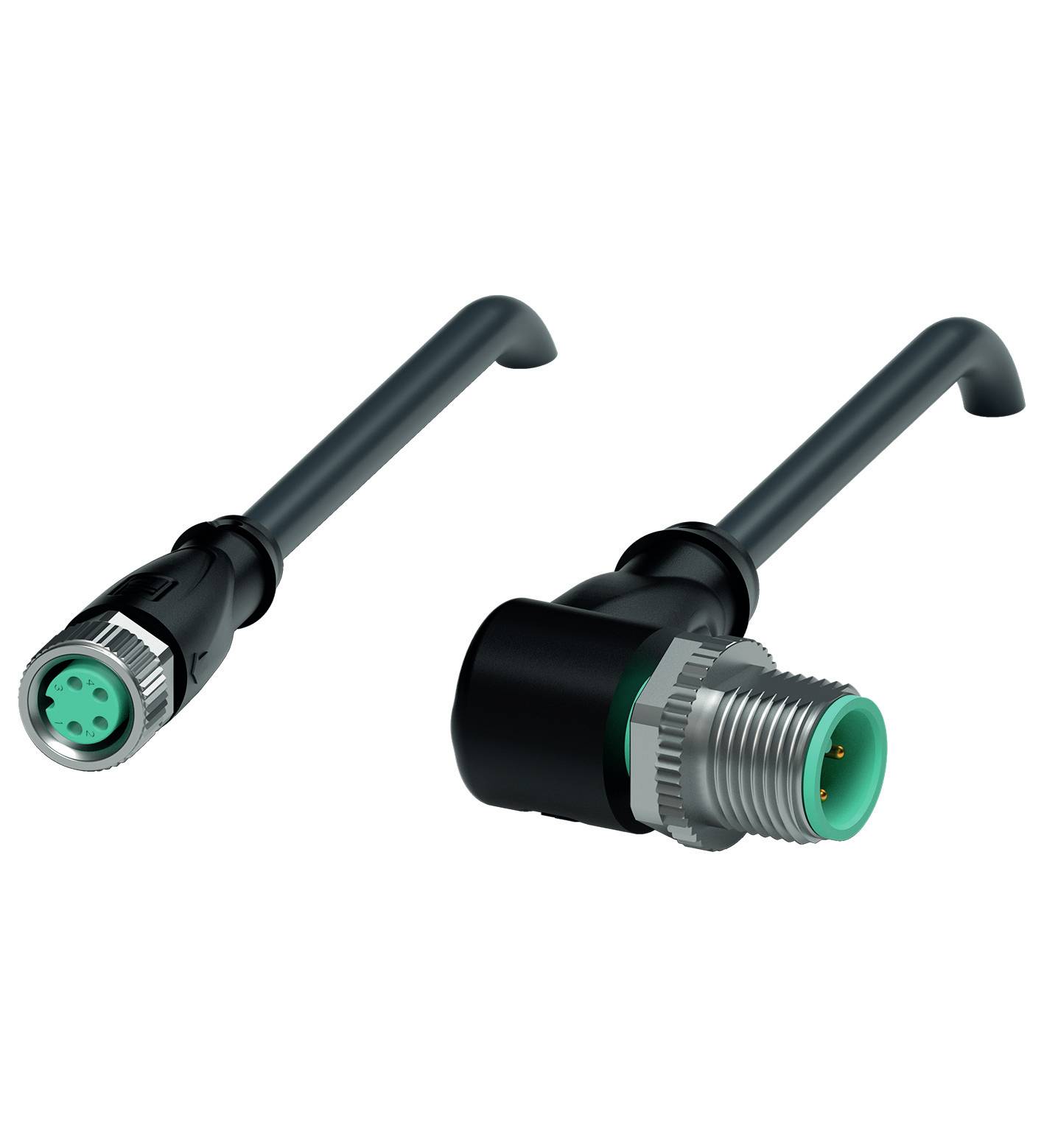 Zwei industrielle Steckverbinder mit abgewinkelten Kabeln, grüne Buchse links, schwarzer Stecker rechts. Geeignet für Automatisierung.