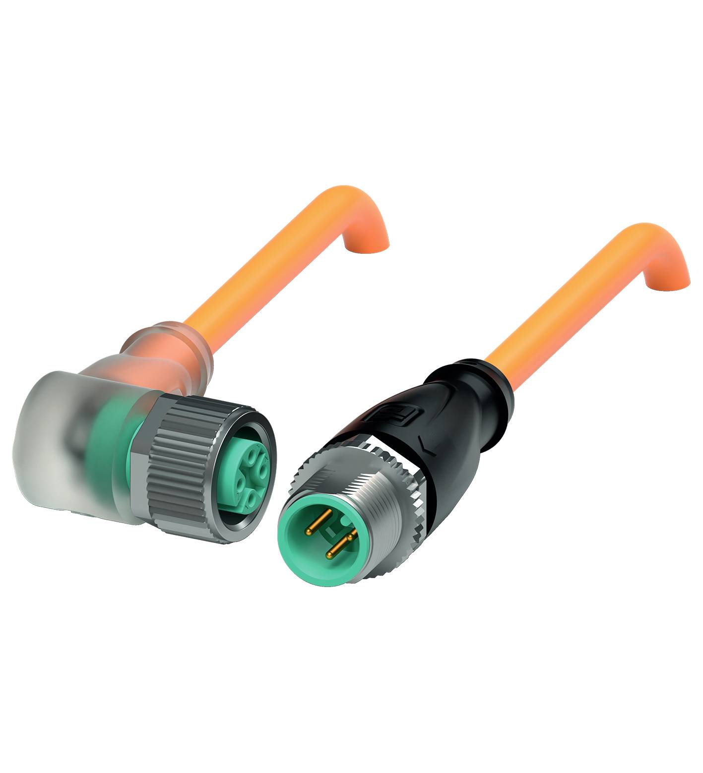 Zwei elektrische Stecker: Einer mit durchsichtiger und grüner Ummantelung, der andere schwarz mit metallischem Ende, beide mit Kabel.