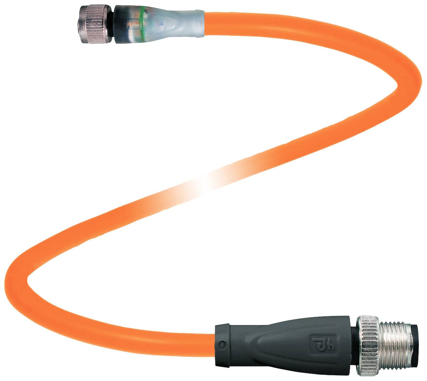 Ein orangefarbenes, flexibles Kabel mit Metallsteckverbindern an beiden Enden, das in einer S-Form gebogen ist.