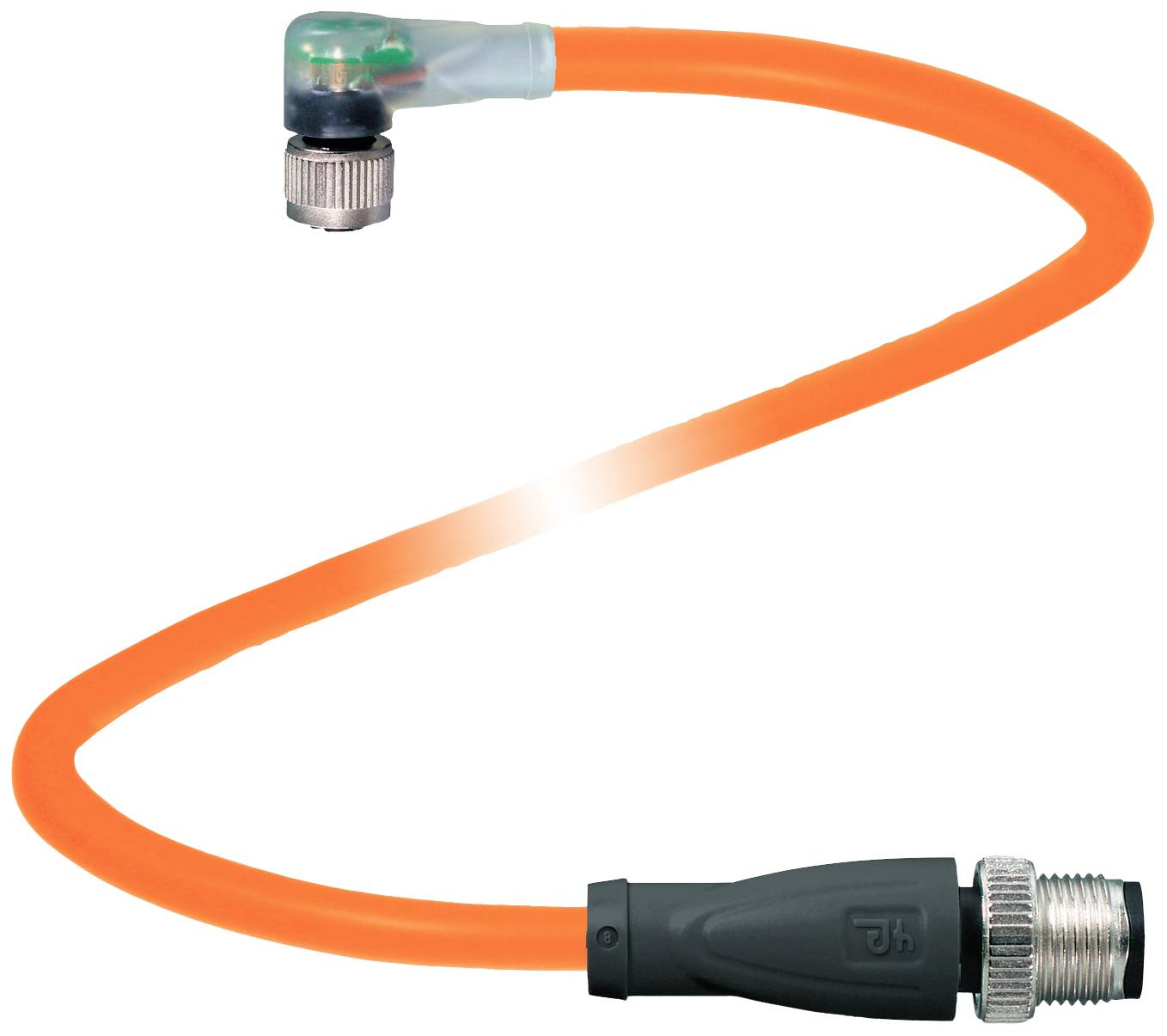 Ein orangefarbenes, flexibel geformtes Kabel mit einem Metallstecker an jedem Ende, das zur Datenübertragung oder Stromversorgung verwendet wird.