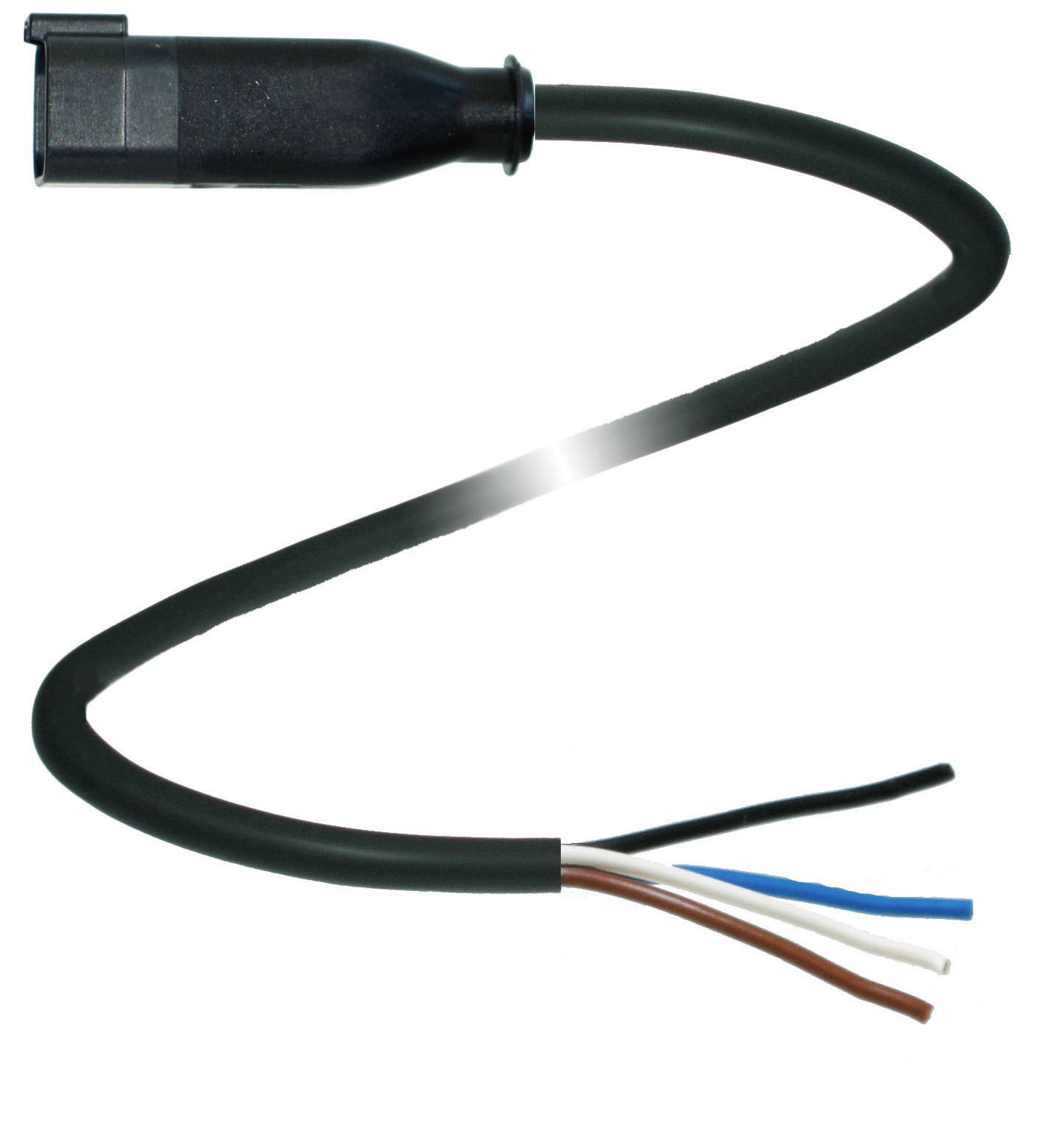 Schwarzes elektrisches Kabel mit Steckerende und vier herausragenden Drähten in verschiedenen Farben: schwarz, blau, weiß und braun.