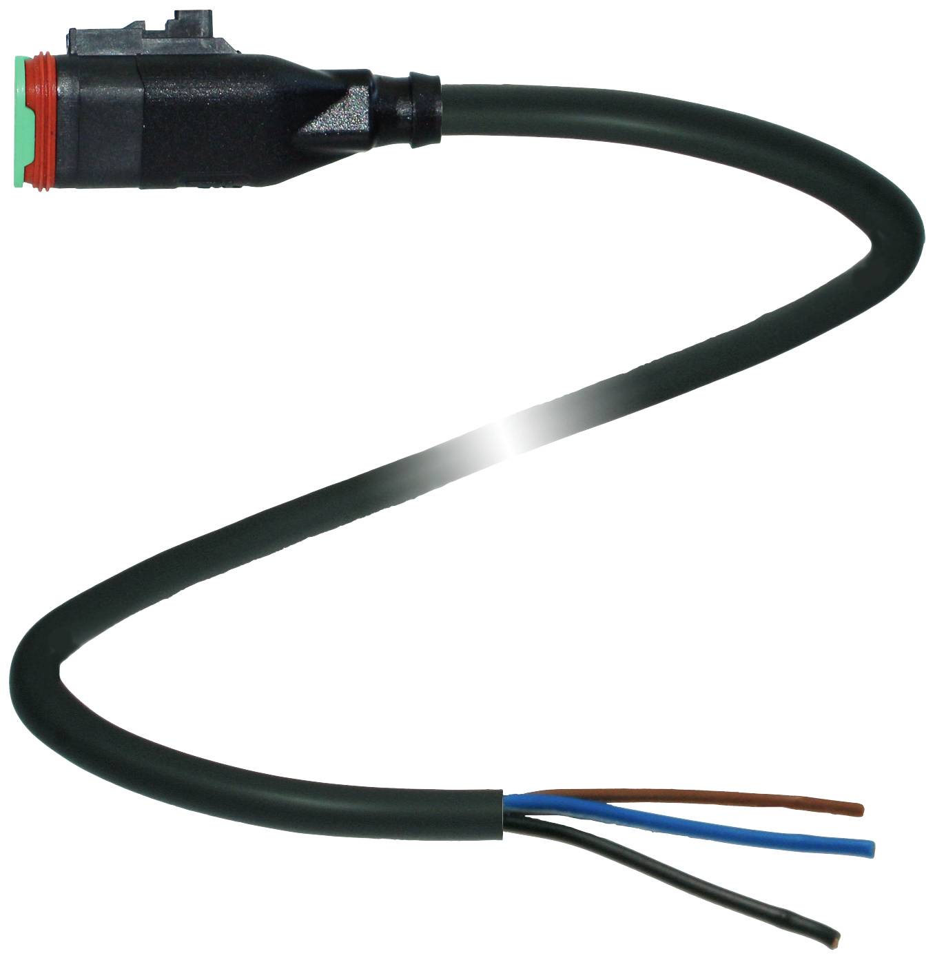 Ein einfaches elektrisches Kabel mit einem schwarzen Stecker an einem Ende und drei freiliegenden Drahtenden in Braun, Blau und Schwarz.