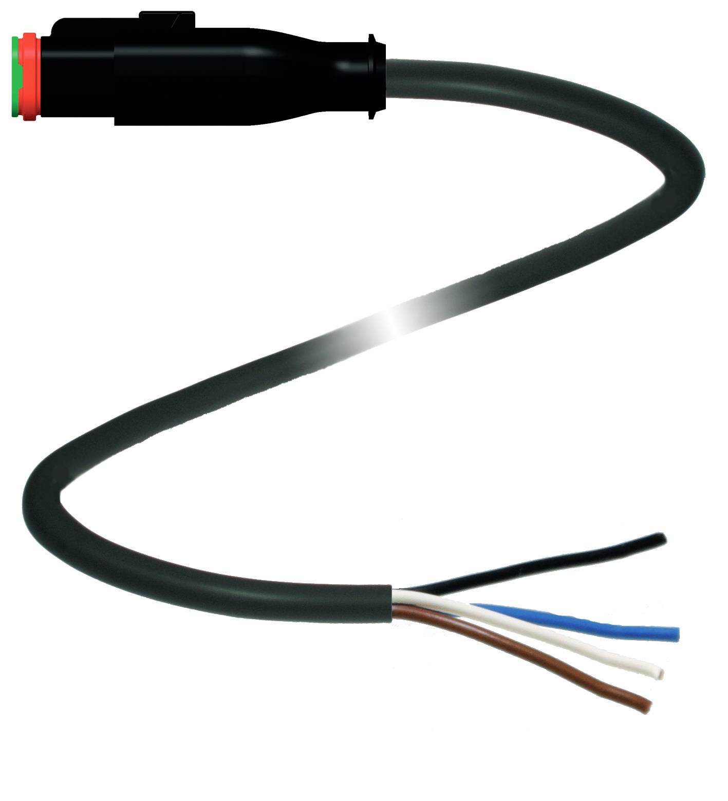 Schwarzer Kabelstecker mit vier abisolierten Drähten in Weiß, Braun, Blau und Schwarz.