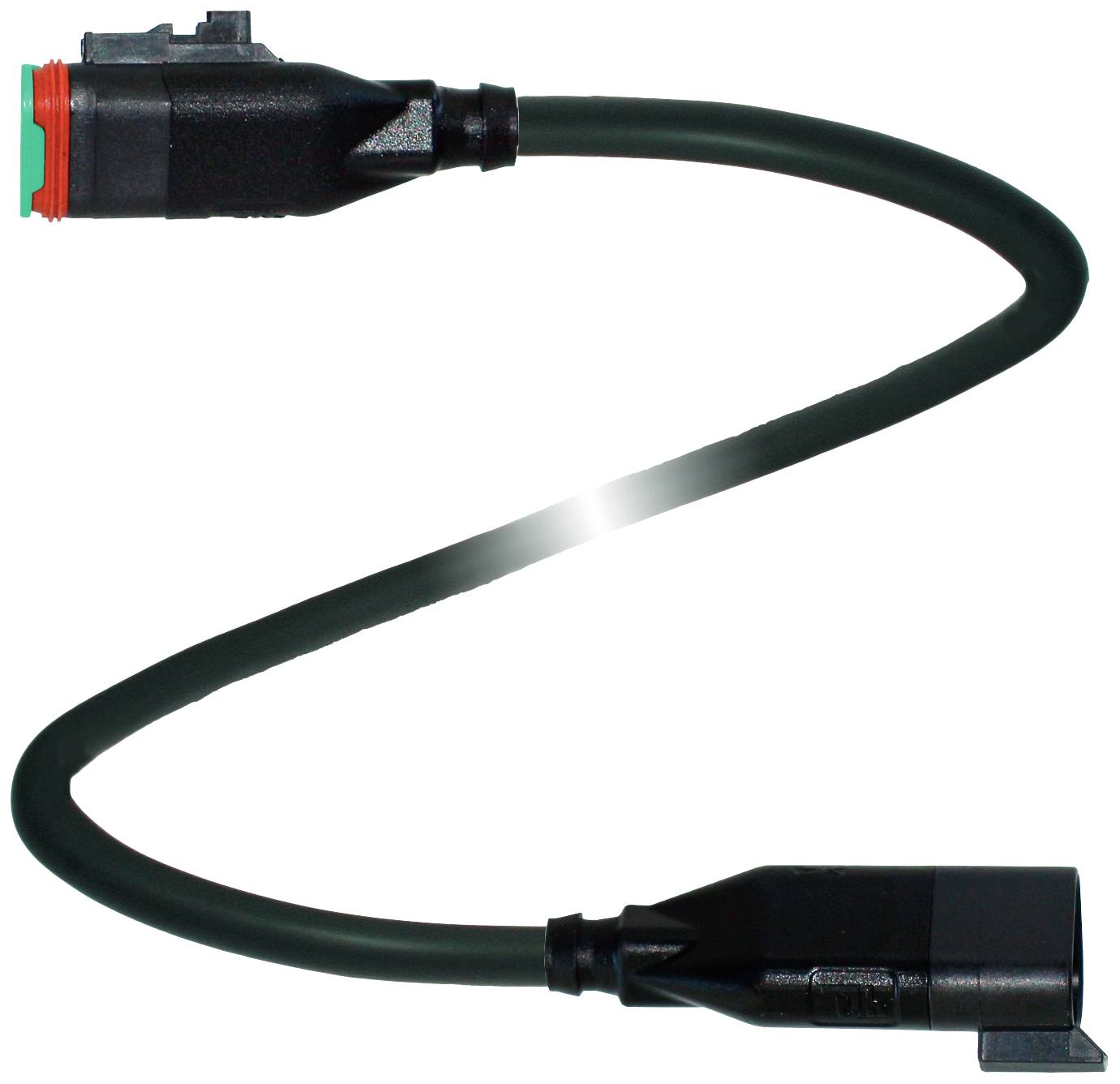Ein schwarzes Kabel mit Steckverbindern an beiden Enden, eines mit oranger Abdichtung. Verwendet für elektrische Verbindungen.