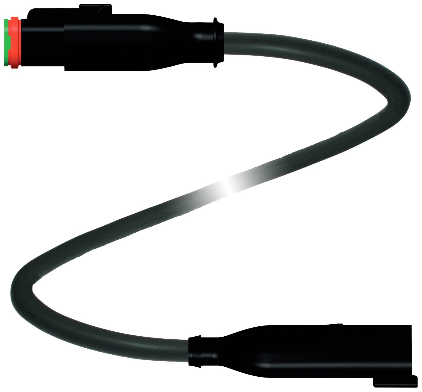 Schwarzes, gebogenes Kabel mit Steckverbindern an beiden Enden. Eines der Enden hat einen roten Ring.