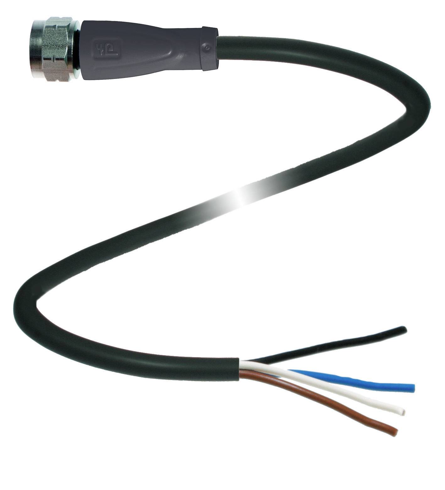 Ein elektrisches Kabel mit einem Steckverbinder am einen Ende und vier abisolierten Leitungen (braun, blau, schwarz, weiß) am anderen Ende.