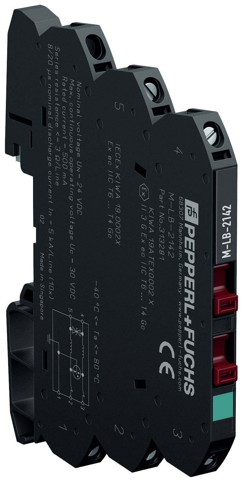 Elektronisches Modul in schwarzem Gehäuse mit Produktbezeichnung 'PEPPERL+FUCHS'. Enthält rote und grüne Anschlüsse.