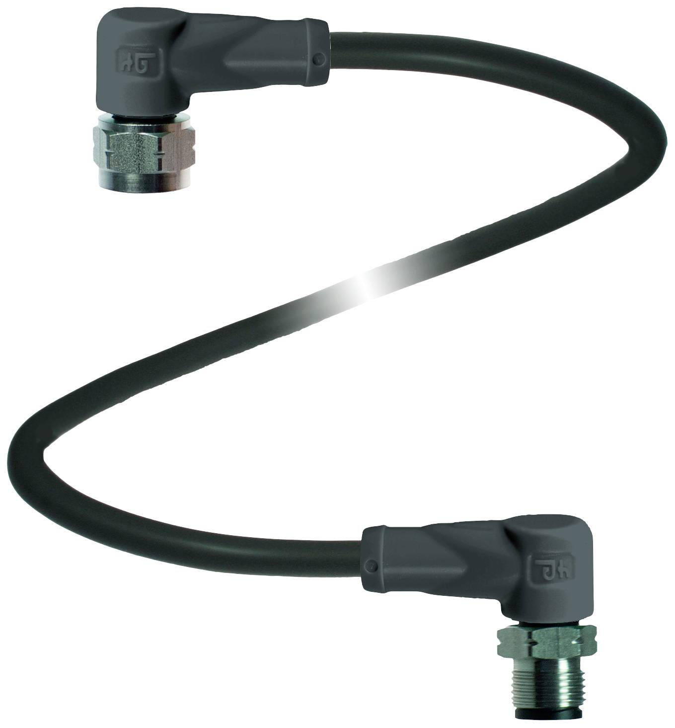 Schwarzer flexibler Schlauch mit Metallverbindern an beiden Enden, die in einem geschwungenen S-Form-Design angeordnet sind.