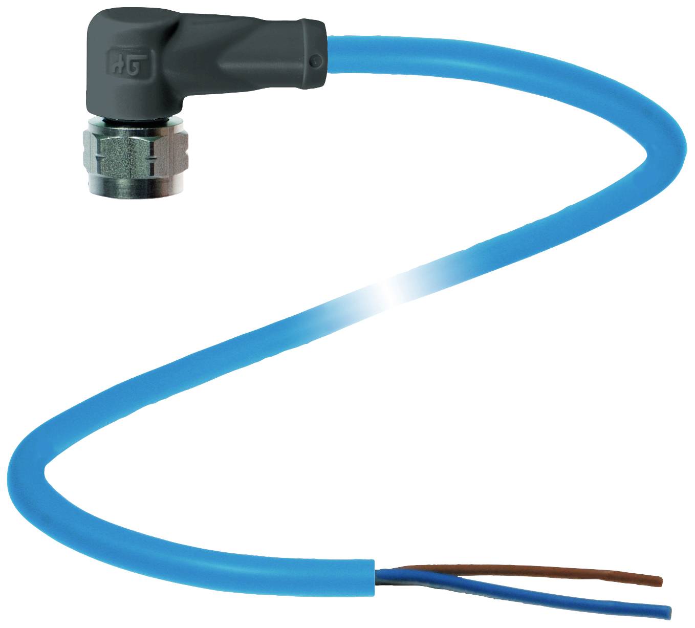 Blaues Kabel mit schwarzem Anschlussende, das in einem Bogen nach unten verläuft.