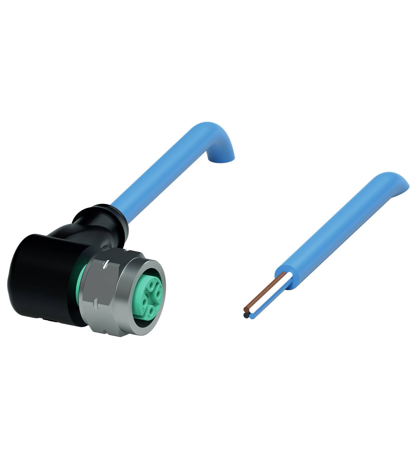 Abgewinkelter M8-Steckverbinder mit blauer Leitung; daneben liegt ein abisoliertes Kabel mit zwei Drähten, geeignet für industrielle Anwendungen.