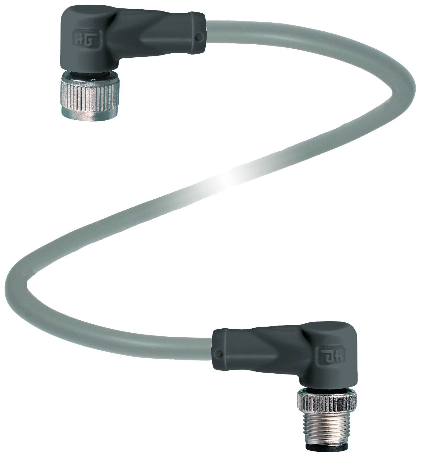 Graues Kabel mit rechtwinkligen Steckverbindern an beiden Enden, eines davon mit Metallgewinde.