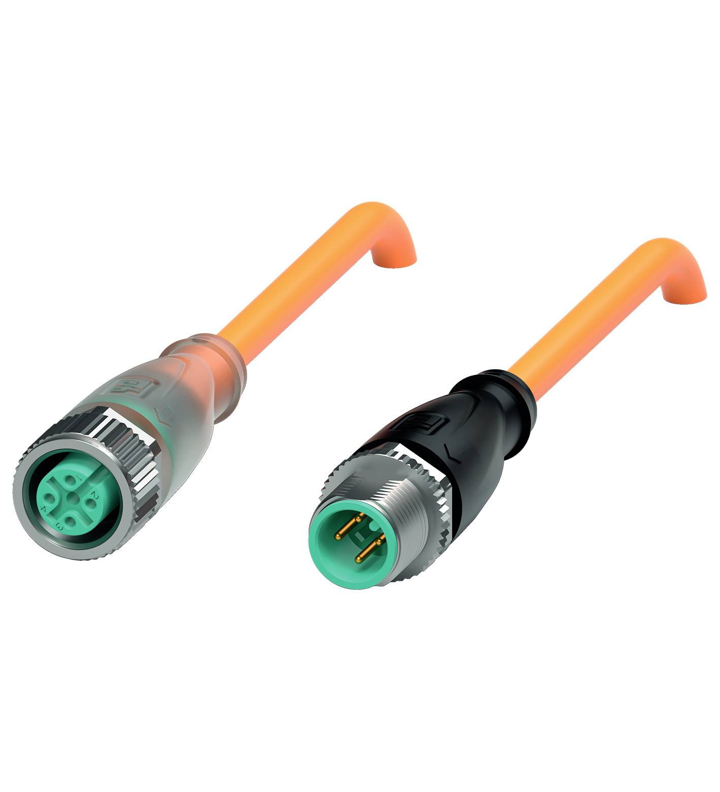 Zwei elektronische Steckverbindungen mit farbigen Kabeln. Links: grauer Stecker mit vier Eingängen, rechts: schwarzer Stecker mit drei Stiften.