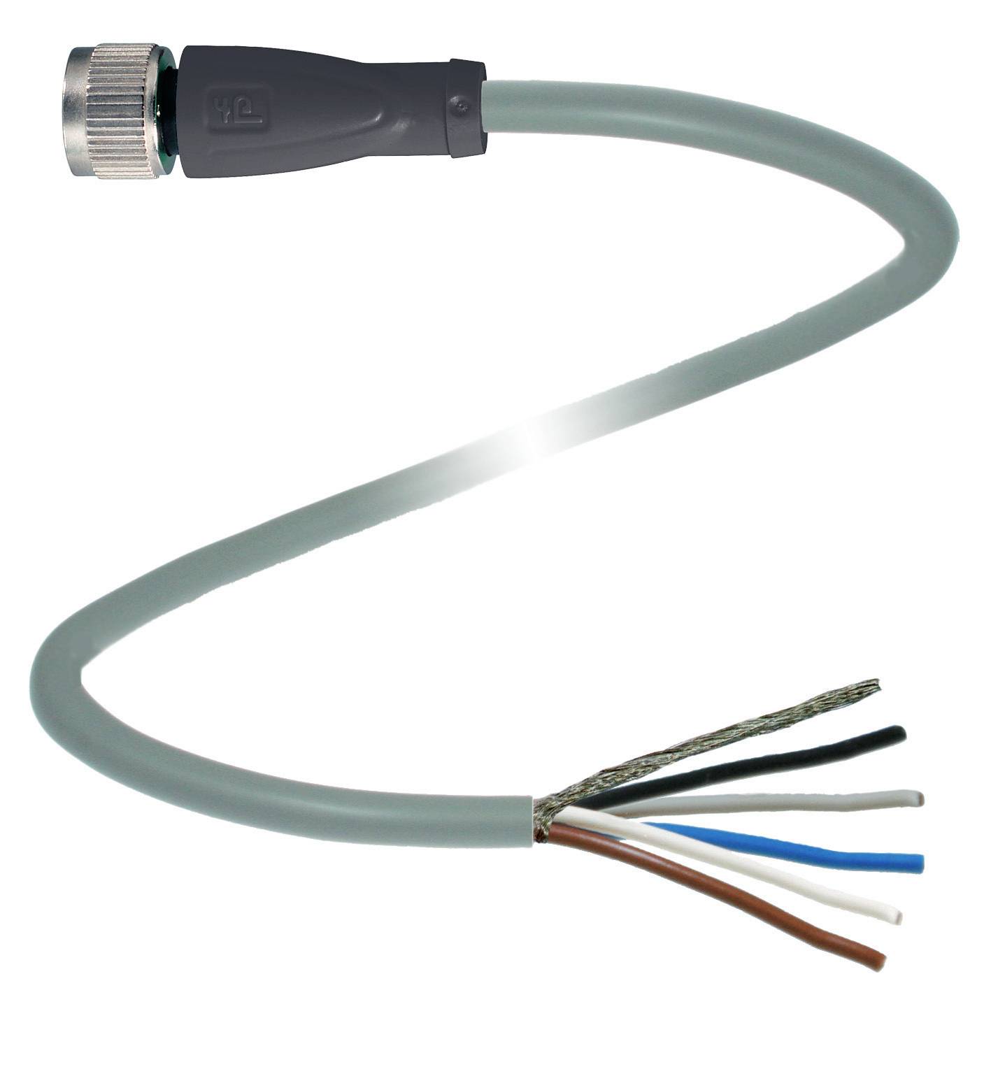 Graues Stromkabel mit schwarzem Stecker und freiliegenden Enden, die mehrere farbige Drähte zeigen (schwarz, weiß, braun, blau, grün).