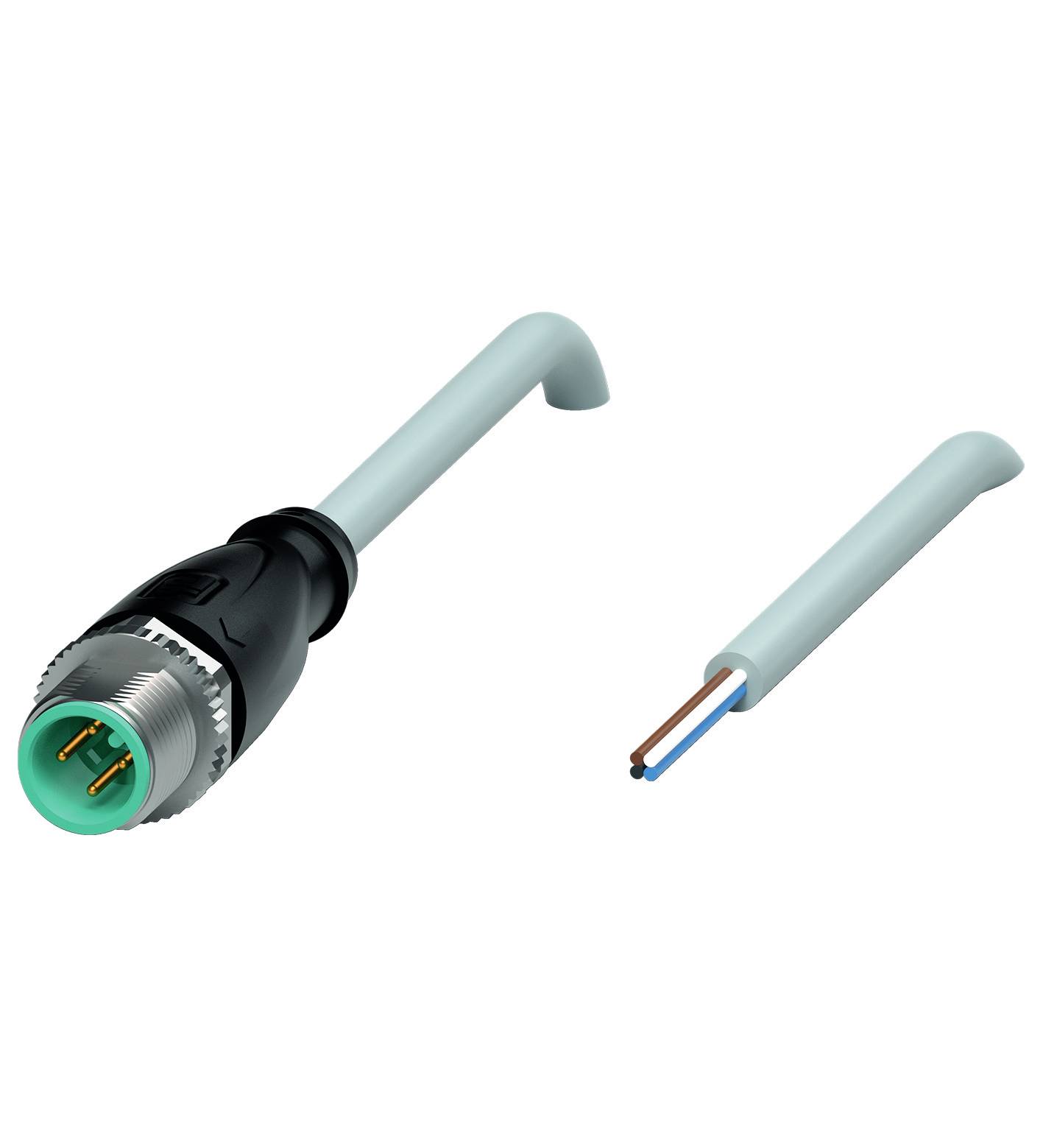 Zwei Kabel sind dargestellt: ein Steckerkabel mit Metallanschluss und freiliegenden, farbigen Adern und ein gleichartiges Kabel ohne Anschluss.