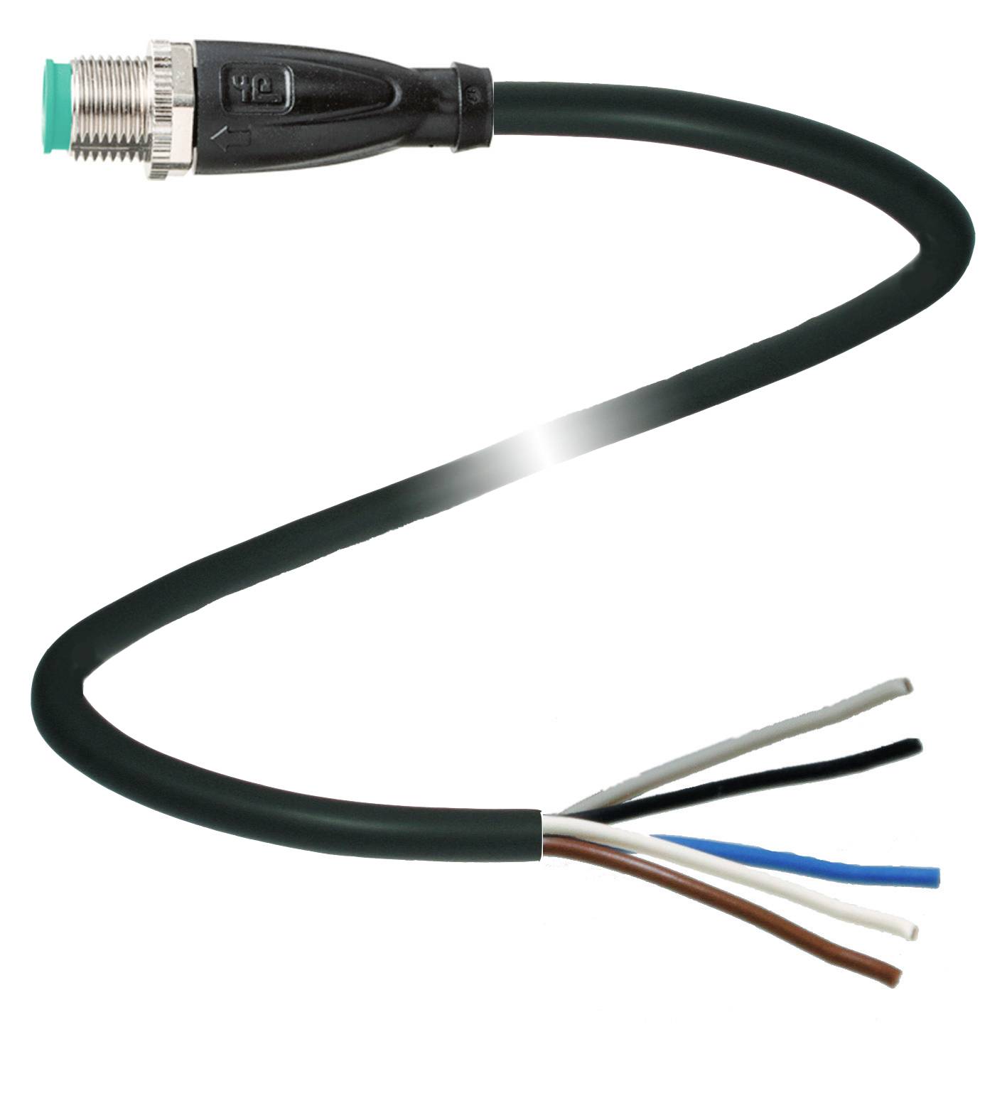 Schwarzes Kabel mit grünem Steckeranschluss oben, offenen Enden unten mit vier freiliegenden Drahtlitzen in verschiedenen Farben.