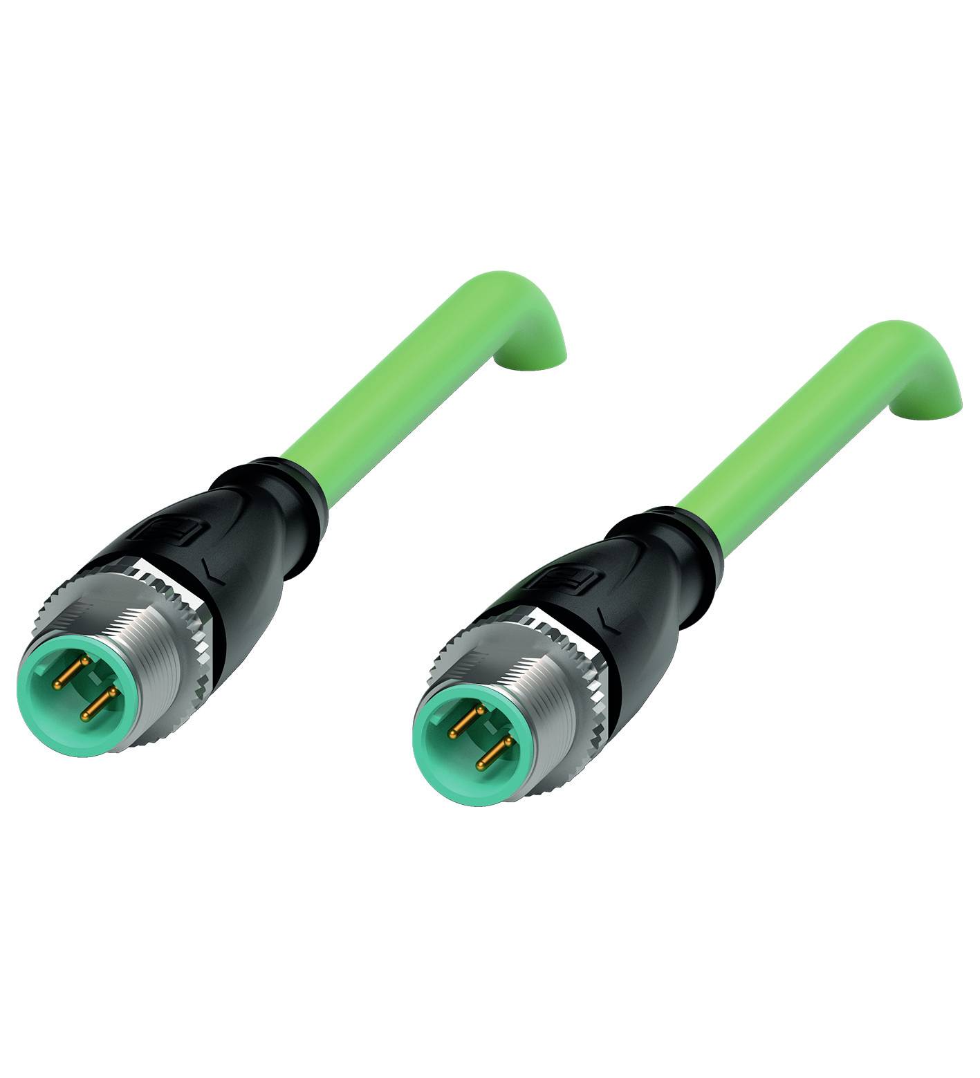 Zwei grüne M12-Kabel mit schwarzen und metallischen Steckern, die für industrielle Anwendungen oder Datenverbindungen genutzt werden.
