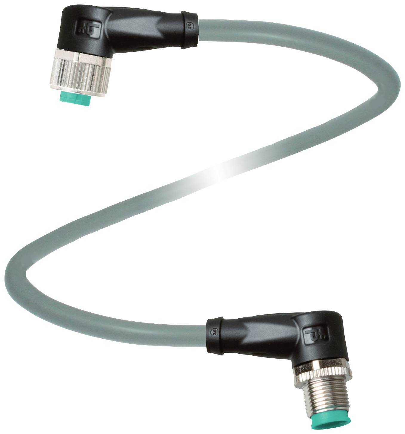 Ein gewundener grauer Kabeladapter mit zwei abgewinkelten Steckverbindern an beiden Enden. Ideal für eingeschränkte Platzverhältnisse.