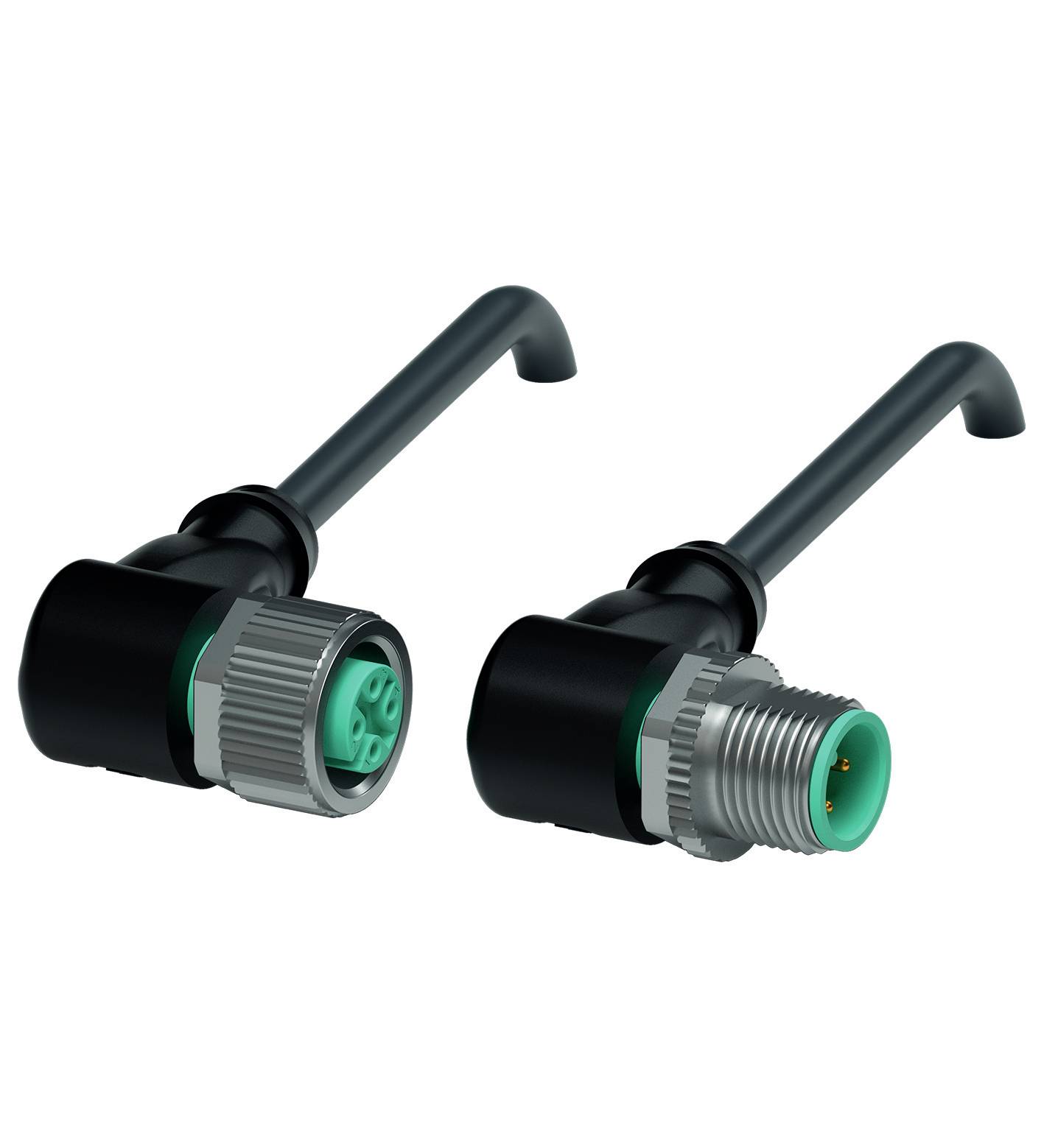 Zwei schwarze und grüne Steckverbinder mit Metallgewinde, einer mit Buchse und einer mit Stecker, nebeneinander auf weißem Hintergrund.