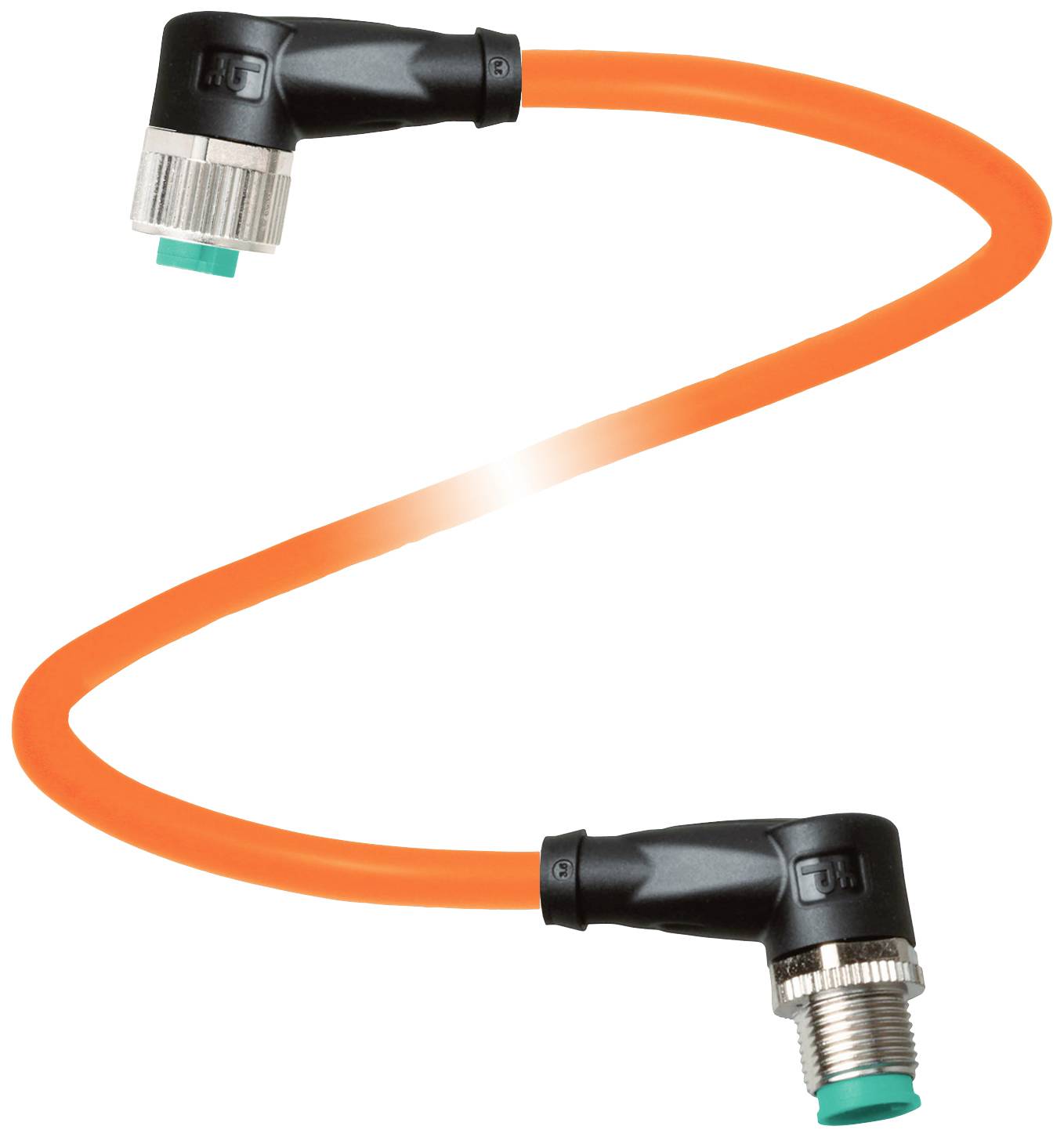 Ein orangefarbenes, gewundenes Kabel mit schwarzen Steckverbindern an beiden Enden, eines mit Metallgewinde, auf weißem Hintergrund.