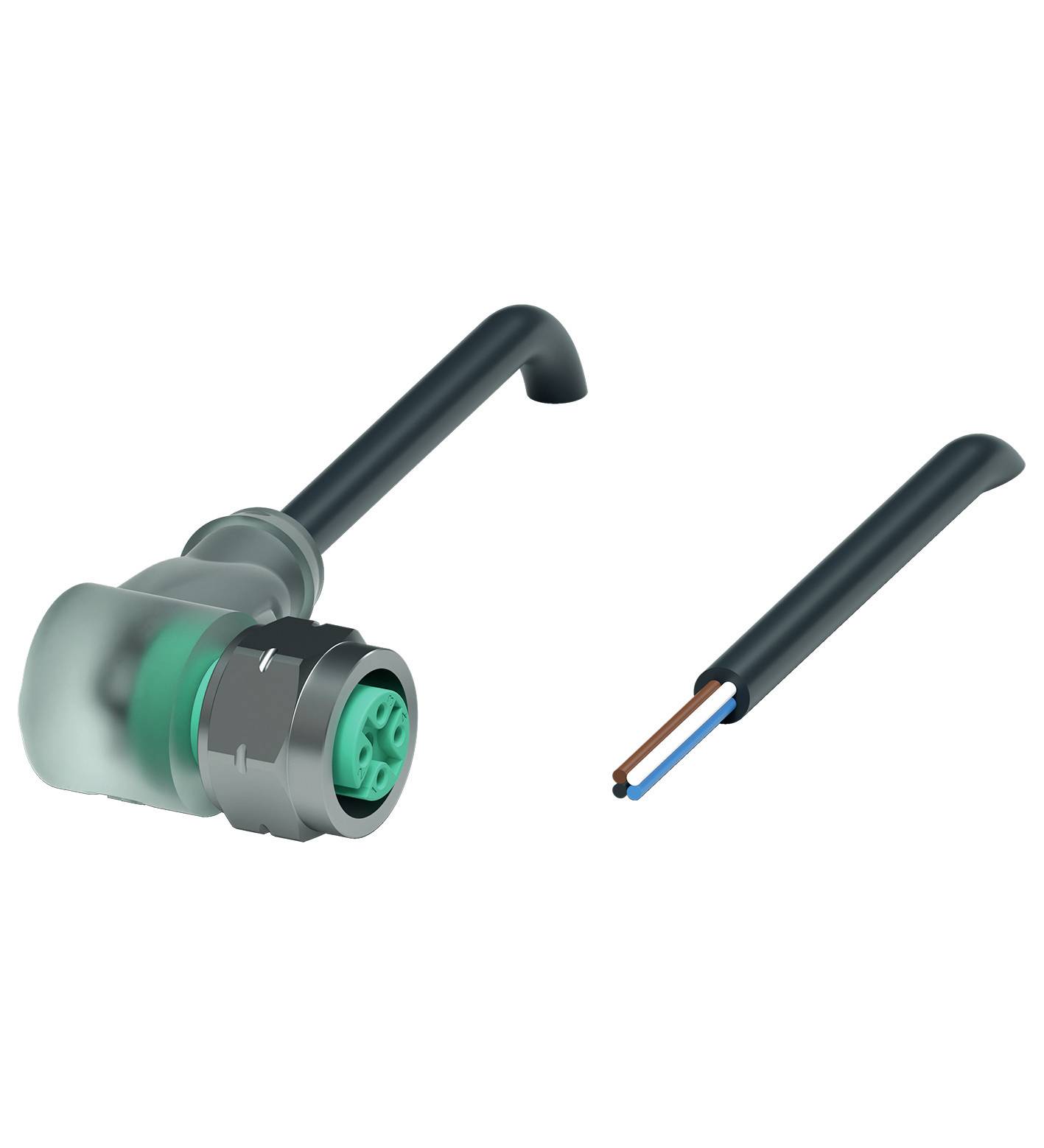 Ein gewinkelter elektrischer Stecker mit freiliegenden Kabelenden zeigt eine Verbindung an.