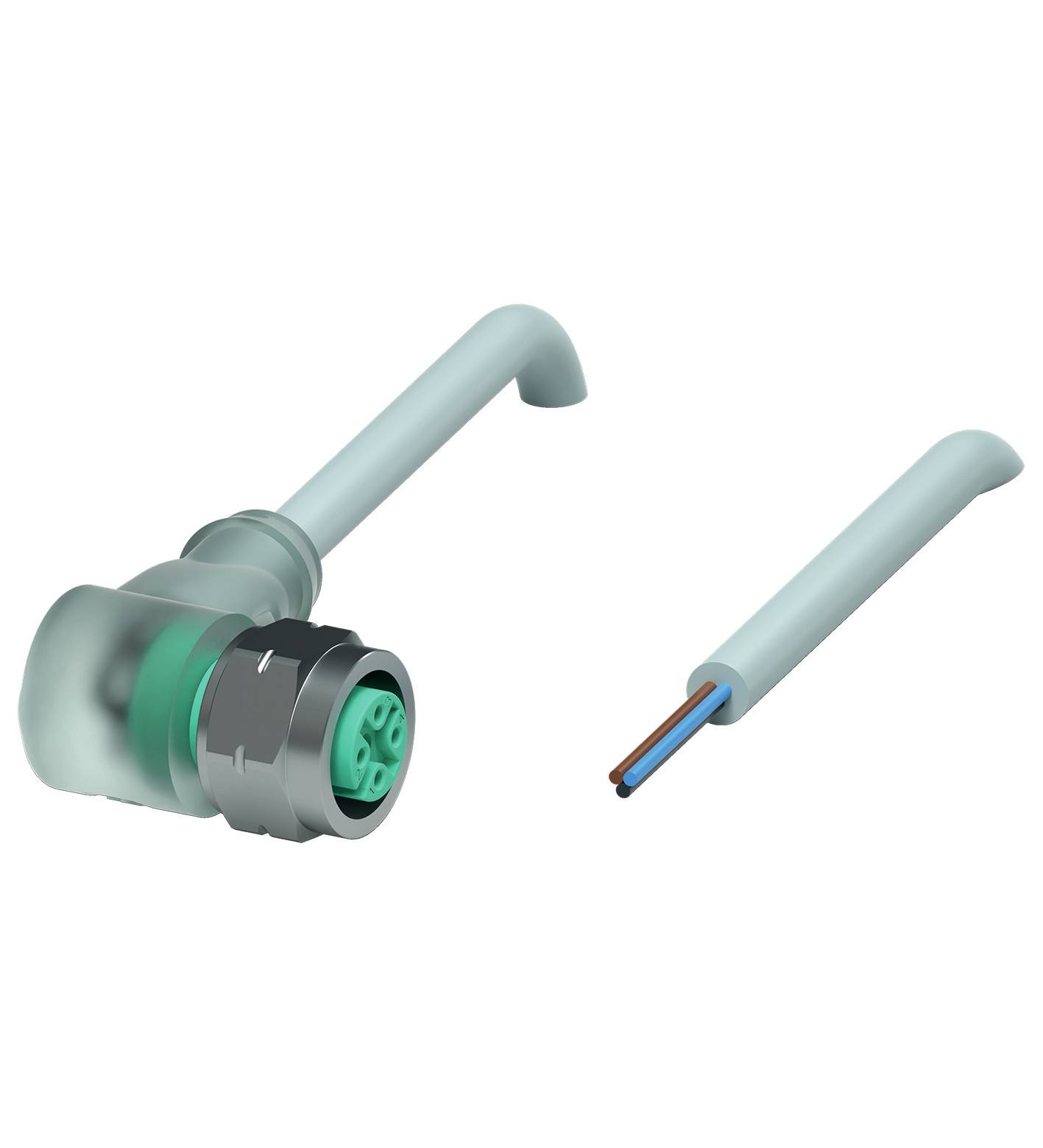 Ein montierter Kabelstecker neben einem abgeschnittenen Kabelstück mit freiliegenden Drähten auf weißem Hintergrund.