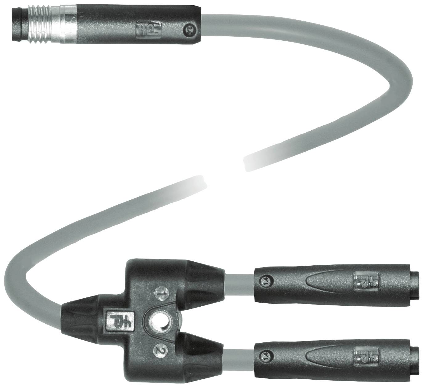 Ein Y-förmiger Verbindungskabeladapter mit einem Eingangsstecker oben und zwei Ausgangssteckern unten.