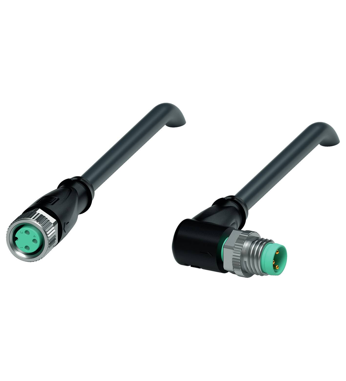 Zwei industrielle Kabelstecker mit Metallelementen, dargestellt in rechtwinkliger Anordnung, zeigen ihre Anschlüsse.